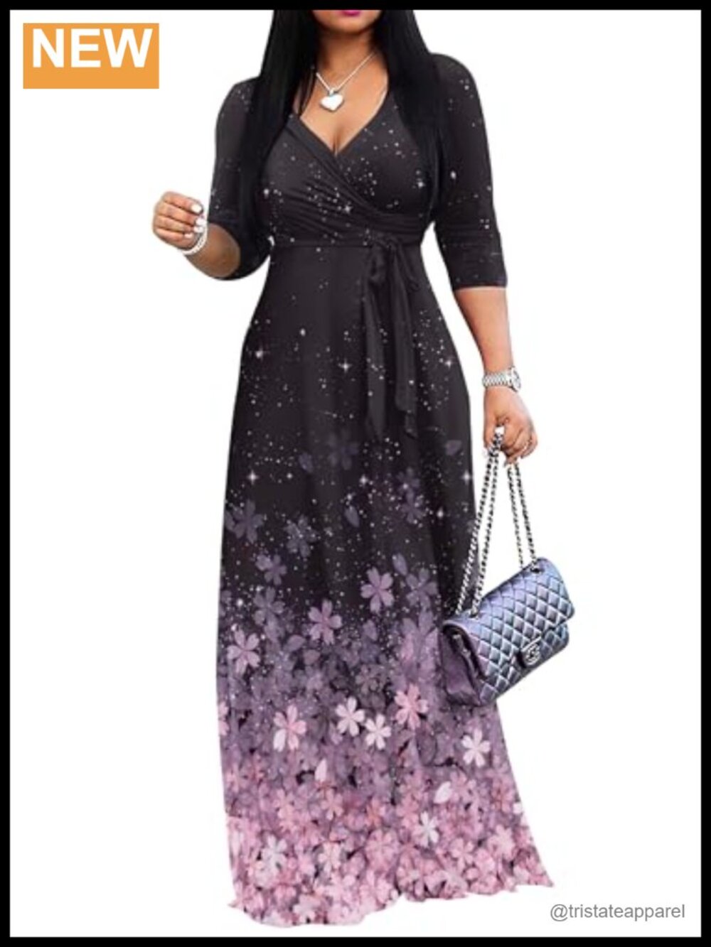 Women's V-Neck Maxi Dress 3/4 Sleeve Tie Waist Belted Casual Plus Size